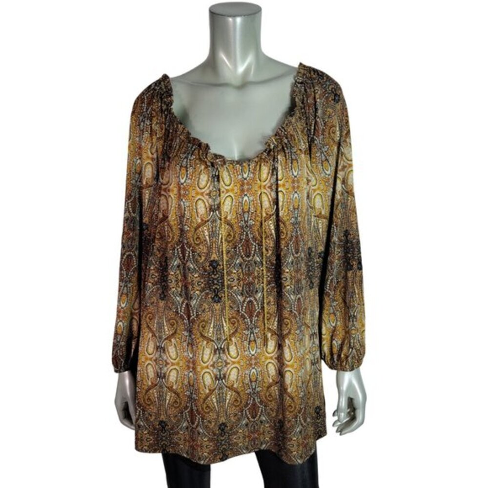 Cato Top Plus Size 26/28W Stretch‎ Paisley Chain Long Sleeve Pullover Brown